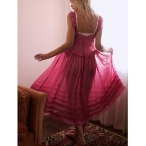 Free People sz S pink Moon Phase ruffle semi-sheer midi dress sleeveless tiered